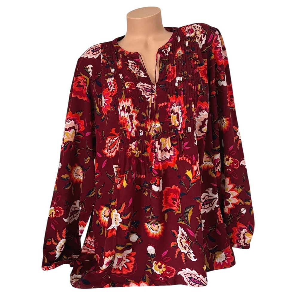 Old Navy Women's XL Burgundy Floral‎ Pintuck Pleated Peasant Blouse Long Sleeve